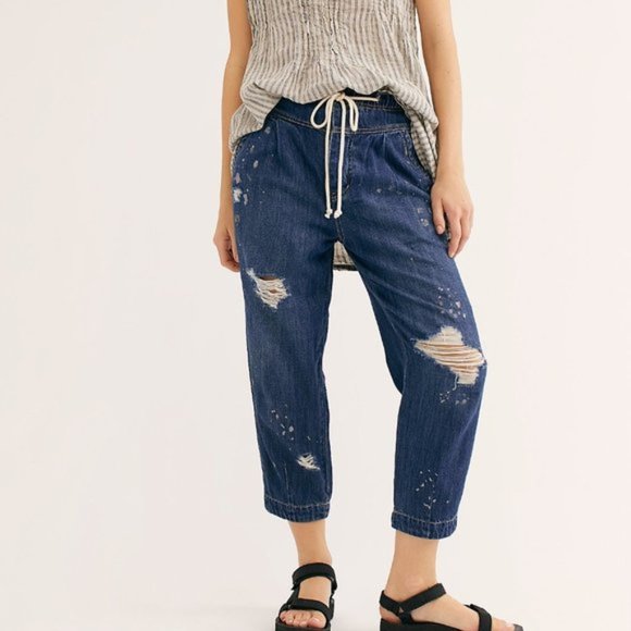 free people mixed up cotton distressed utility jeans